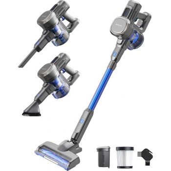 Auronic Steelstofzuiger Draadloos 220W - Draadloze Stofzuiger - HEPA Filter - Zelfstaand - Op Accu - Zonder Zak - Kruimeldief - Vacuum Cleaner - Grijs/Blauw