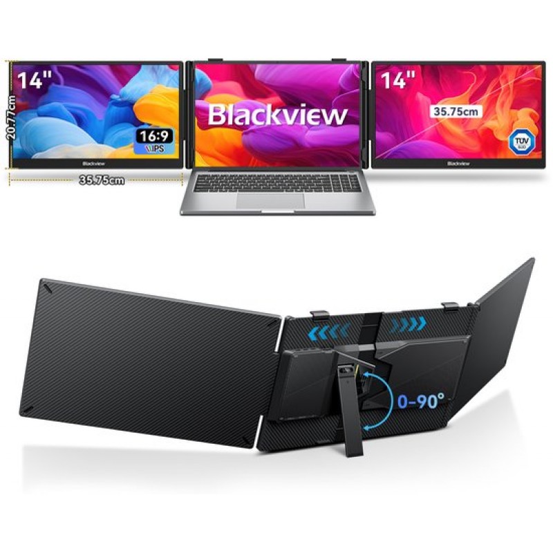 Blackview DCM5 - Draagbare Externe Monitor - 14" FHD Dubbel Scherm USB-C 100W PD - Ultradun Opvouwbaar Plug & Play Laptop scherm 13–17,3" - Grijs
