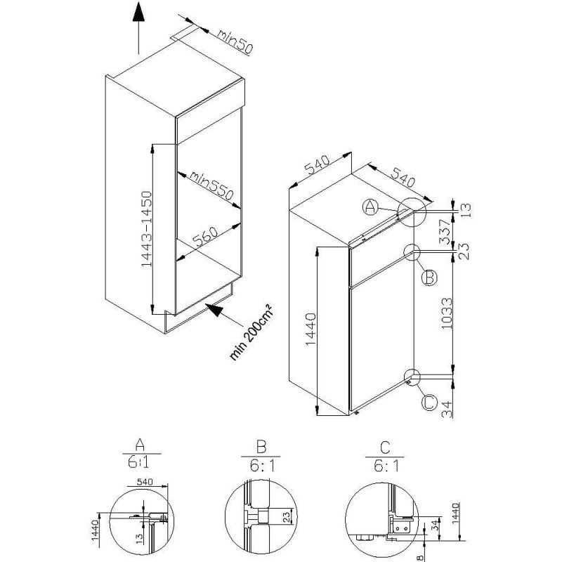 AMICA EDTS374901 koel-vriescombinatie 220 l 1440 mm hoog, wit