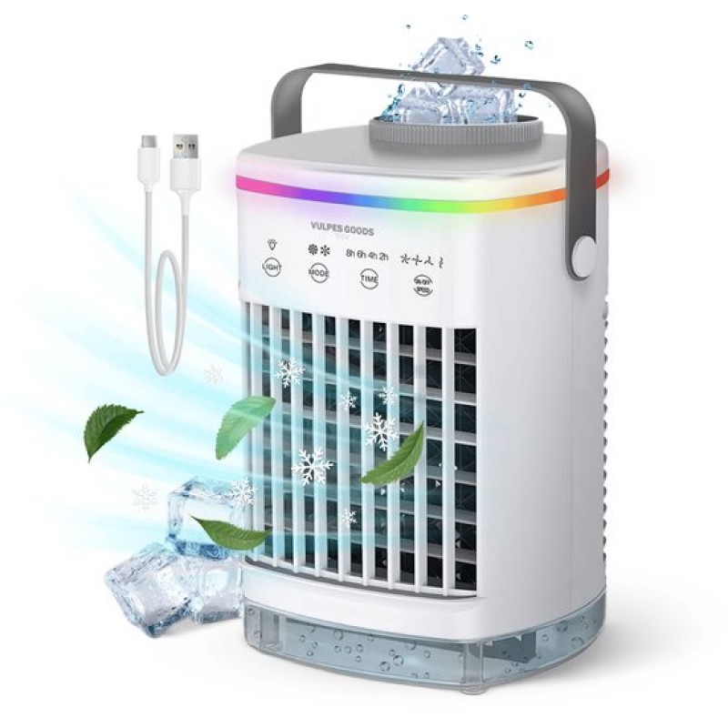 Vulpes Goods® Tech - Mini Airco PRO - Mobiele Airco - Luchtkoeler 4in1 - Aircooler - Tafelventilator - 4 windsnelheden, 2 luchtbevochtingsstanden & timer - Lekvrij - Wit