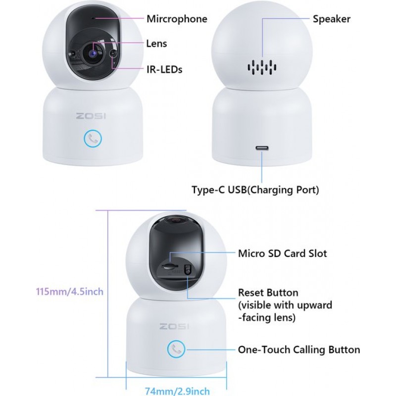 ZOSI C518 Indoor IP Camera - 3MP - Intercomfunctie - Beveiligingscamera - Huisdiercamera - Baby camera - Compatibel met 2.4G/5G WIFI - Werkt met app - Wit