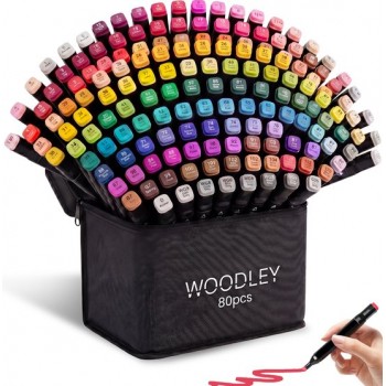 Woodley Dubbelzijdige Stiften - 80 kleuren - Voor volwassen en kinderen - Markeerstiften - Dubbelzijdige stiften - Twinmarkers voor Happy Stones - Alcohol markers