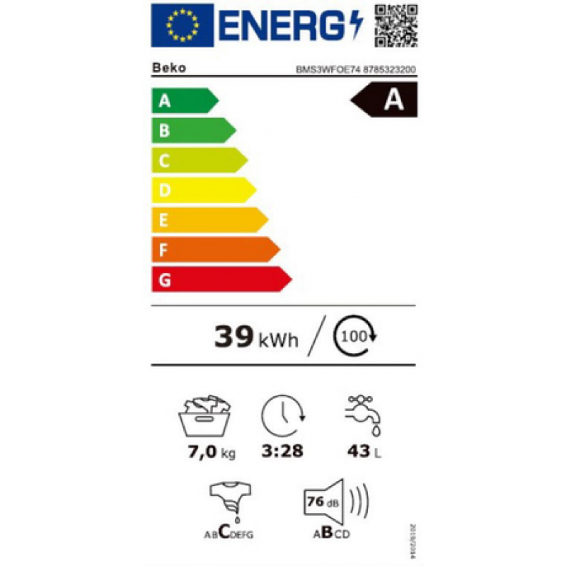 Beko BMS3WFOE74 - Nieuw in doos - Duits display -  Wasmachine - 7 kg - Label A