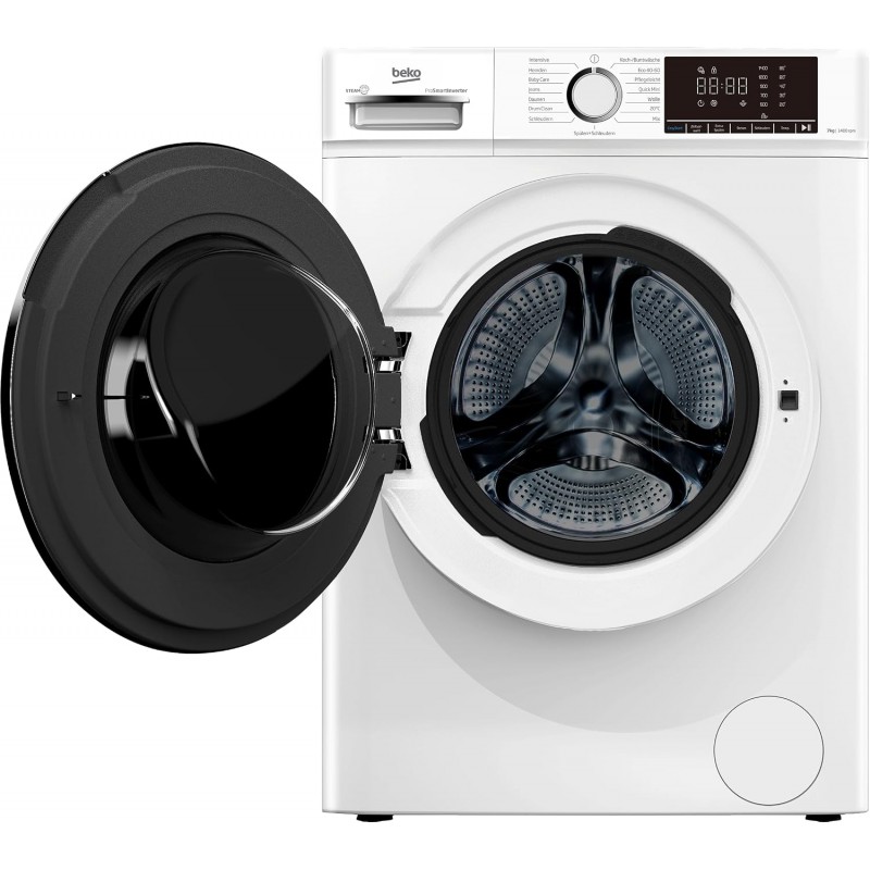 Beko BM3WFOE741PSA Vrijstaande wasmachine - Nieuw in doos - Duits display - volautomatische wasmachine, 7 kg, centrifugerkeuze 1400 omw/min, AddXtra, SteamCure, Coldwash water- en tijdbesparing 