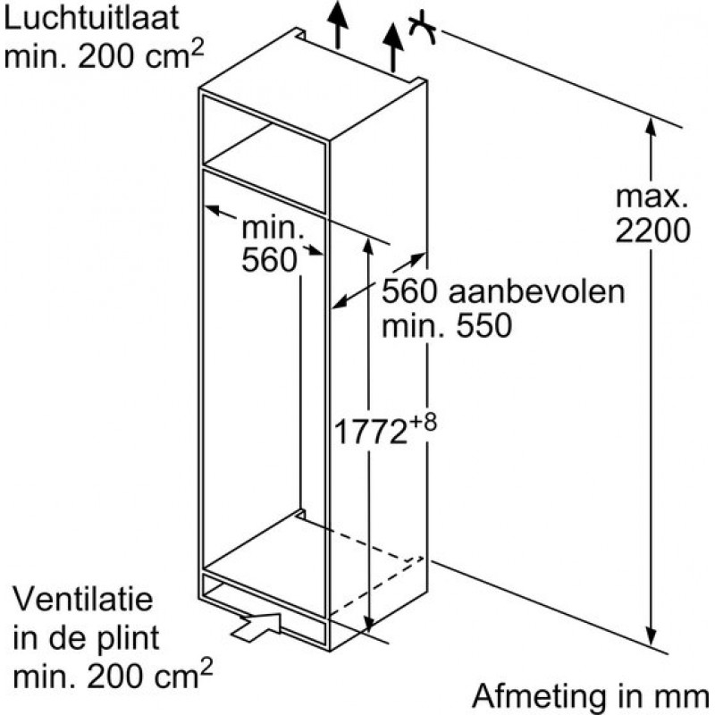 Bosch KIR81VFE0 - Serie 4 - Inbouwkoelkast - Vlakscharnier - 177.2 x 54.1 cm - Zeer stil - Deur op deur - led verlichting - Extra ruime lade voor groente en fruit 