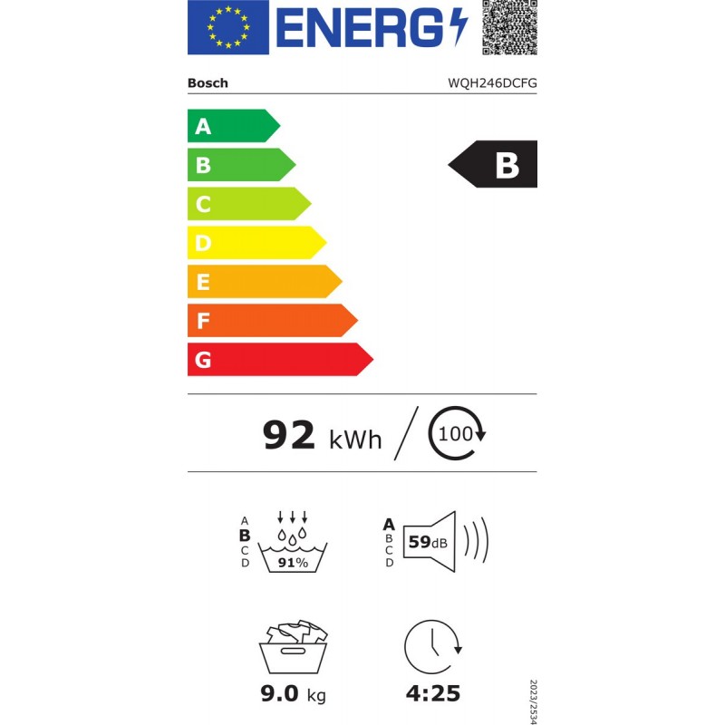 Bosch WQH246DCFG Serie 6 - Wasdroger - Warmtepompdroger - 9 kg - Wit - Blijvend energiezuinig door Zelfreinigende condensor - Droogt zoals jij wilt met Auto Dry - Zeer stil - NL/FR Display