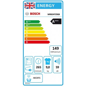 Bosch Serie 8 WRB247C9GB 9 kg warmtepomp-wasdroger - Wit - A+++ 