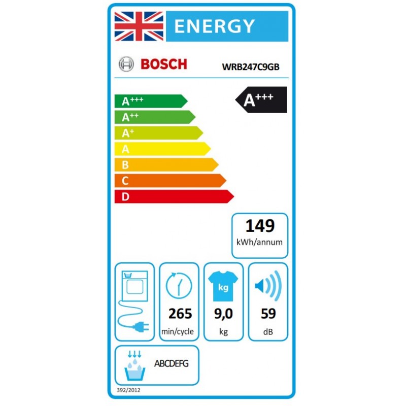Bosch Serie 8 WRB247C9GB 9 kg warmtepomp-wasdroger - Wit - A+++ 