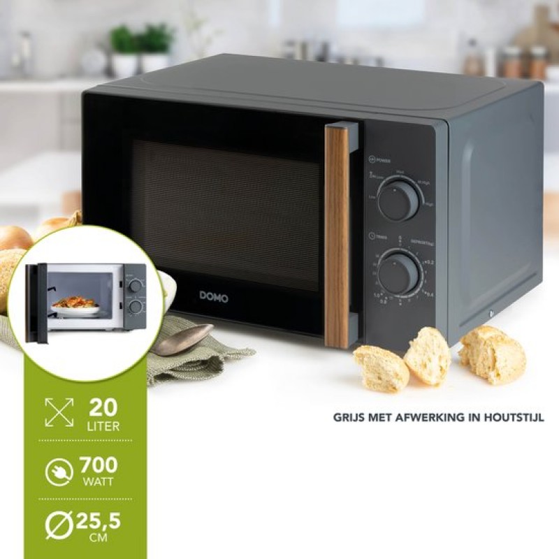 DOMO DO2920 Solo Microgolfoven “Wood You” - Magnetron - 20 L - 700 watt - Grijs - Houtlook Handvat