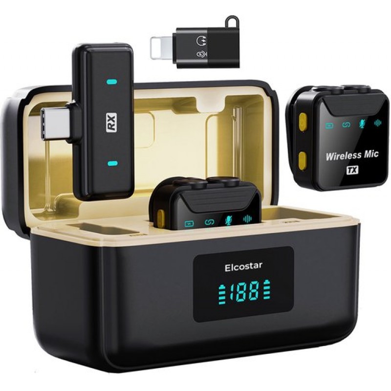 Elcostar© Draadloze Microfoon Pro - 2 Stuks - Draadloos - Oplaadcase - Lavalier - Windshields - Dasspeld - Plug & Play - Lange Batterij - USB-C & Lightning - Noise Cancellation