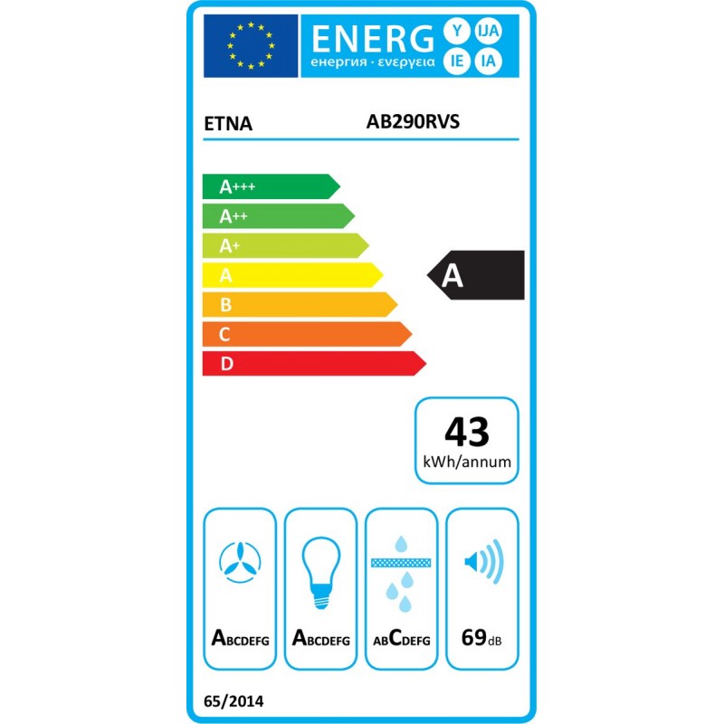 ETNA AB290RVS - Blokmodel Schouwkap (90cm) - RVS - Energielabel A - 3 Afzuigstanden - 2 LED spots - Afvoer naar buiten of recirculatie - Druktoetsen