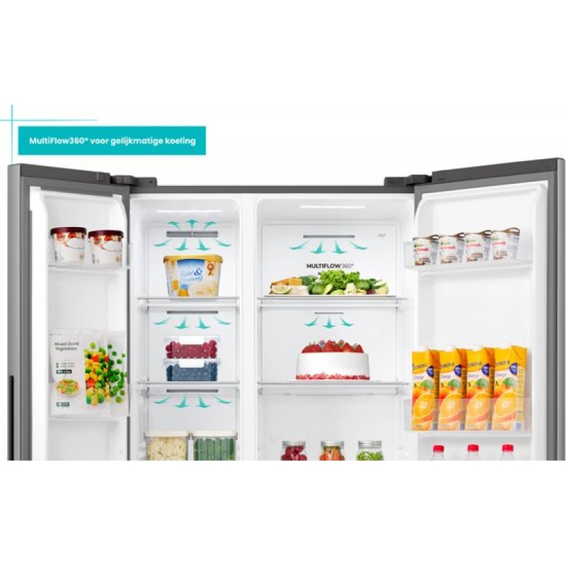 ETNA AKV6178IRVS - Amerikaanse koelkast - No-Frost - 178 cm hoog - 528 liter - Energielabel C - Invriesvermogen 10 kg/24u - Geluidsniveau 37 dB - LED Display - IJs- en waterdispenser - SuperCool - FastFreeze - Deuralarm - Multi Airflow - EnergySaving