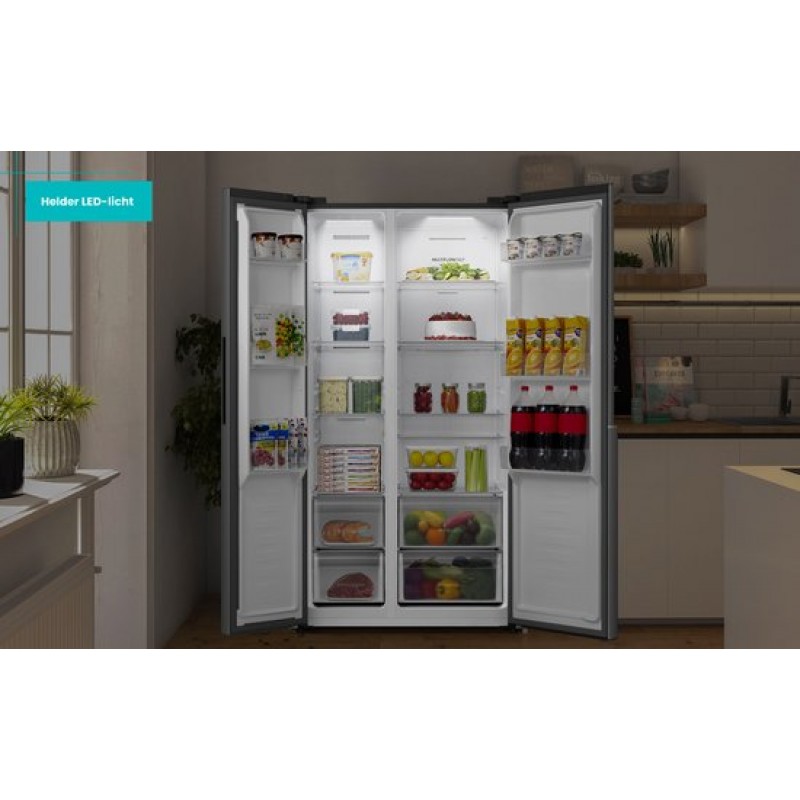 ETNA AKV6178IRVS - Amerikaanse koelkast - No-Frost - 178 cm hoog - 528 liter - Energielabel C - Invriesvermogen 10 kg/24u - Geluidsniveau 37 dB - LED Display - IJs- en waterdispenser - SuperCool - FastFreeze - Deuralarm - Multi Airflow - EnergySaving