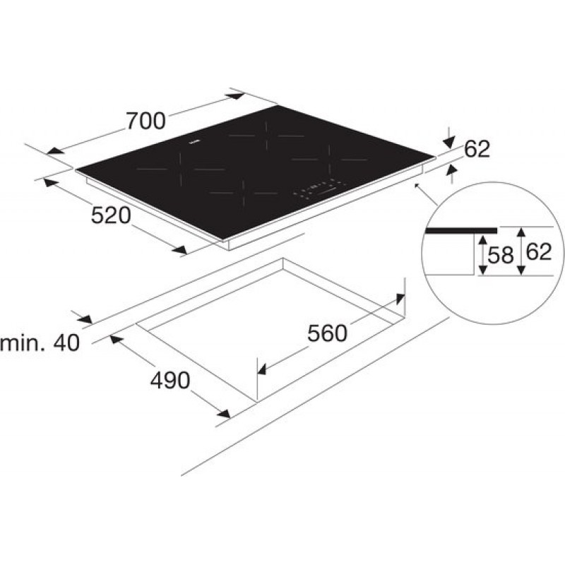ETNA KI170ZT - Inductiekookplaat (70 cm) - 4 Kookzones - Boostfunctie - Centrale slider - Kinderslot - 10 kookstanden