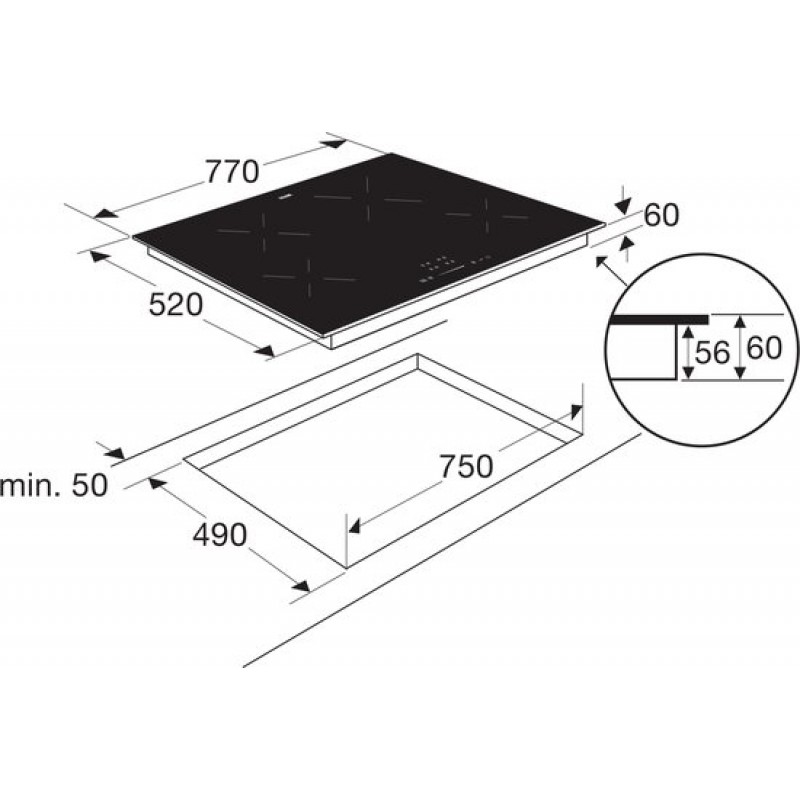 ETNA KI377ZT - Inductiekookplaat (77 cm) - 4 kookzones - Sliderbediening - Keramisch glas - Kinderslot - Panherkenning - 4 Timers