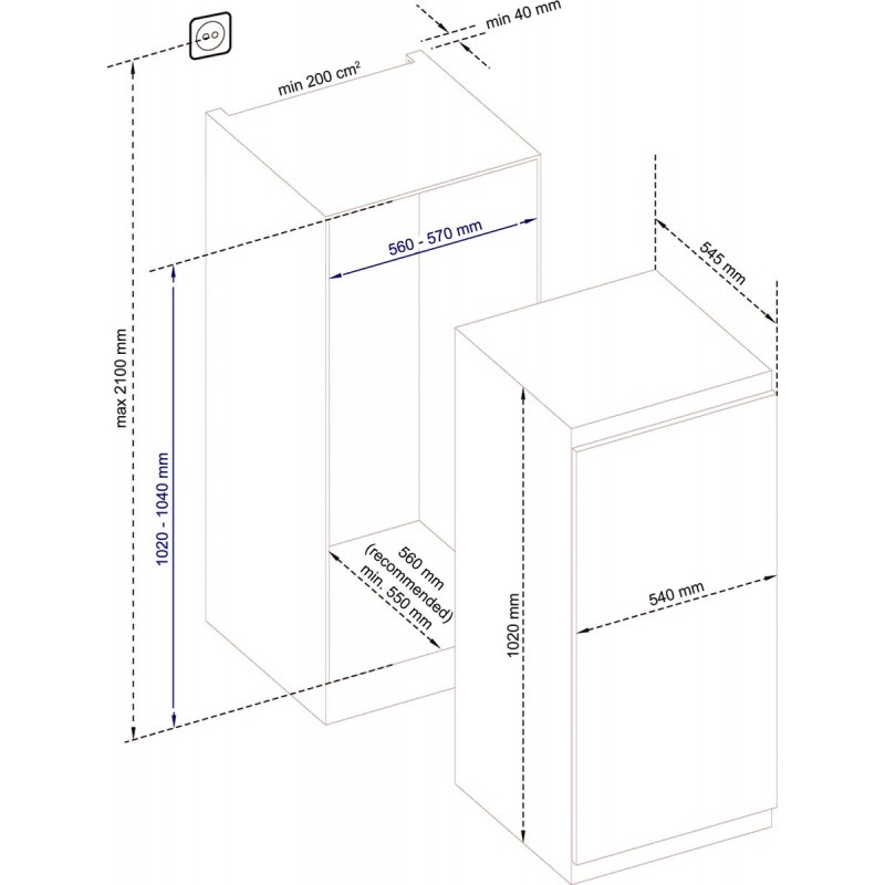 Everglades EVBI6020 - Inbouw Koelkast - 160 Liter - E Klasse - Nismaat 102 cm Hoog - Sleep Deur
