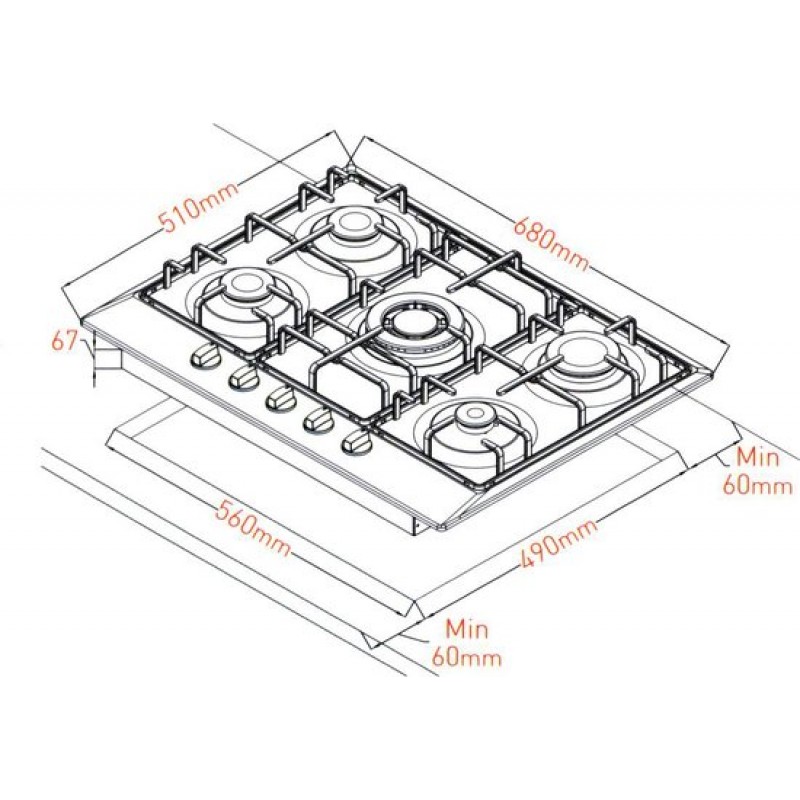 Everglades EVBI8512 Inbouw Gaskookplaat - 5 Pits - Mat Zwart - 60cm Nis - Wokbrander