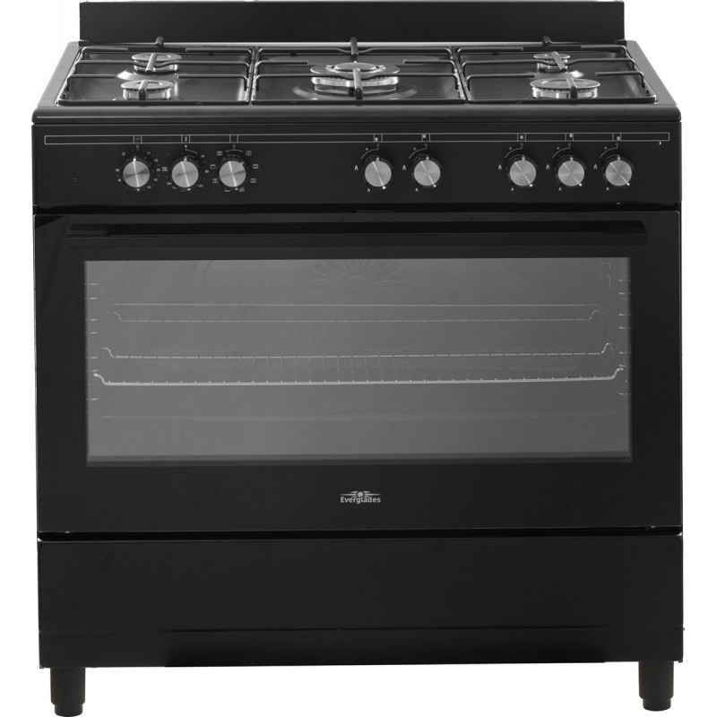 Everglades EVCK9010 - Gasfornuis - Mat Zwart - 90CM - 96 Liter - 8 Ovenstanden - Turbo Hete Lucht Oven - Timer - Wokbrander
