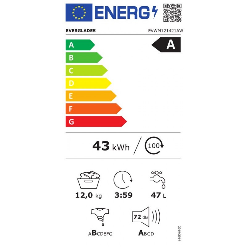 Everglades EVWM121421AW - Wasmachine 12KG - Arctic White - Energieklasse A-20% - Stoomfuncties - 15 Programma's