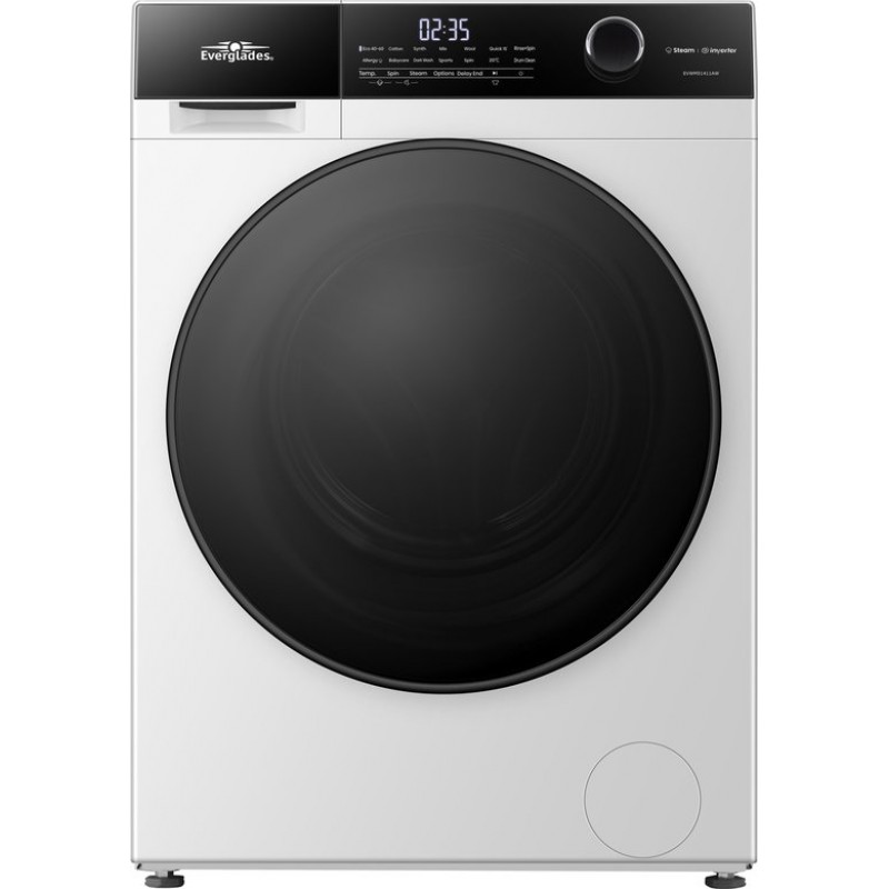Everglades EVWM91411AW Zuinige Wasmachine - 9KG - A Klasse - Stoomfuncties/Allergie+ - Koolborstelloze Motor - Zeer Stil 72dB - Alpine Wit
