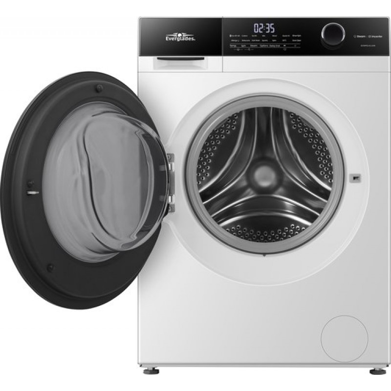 Everglades EVWM91411AW Zuinige Wasmachine - 9KG - A Klasse - Stoomfuncties/Allergie+ - Koolborstelloze Motor - Zeer Stil 72dB - Alpine Wit