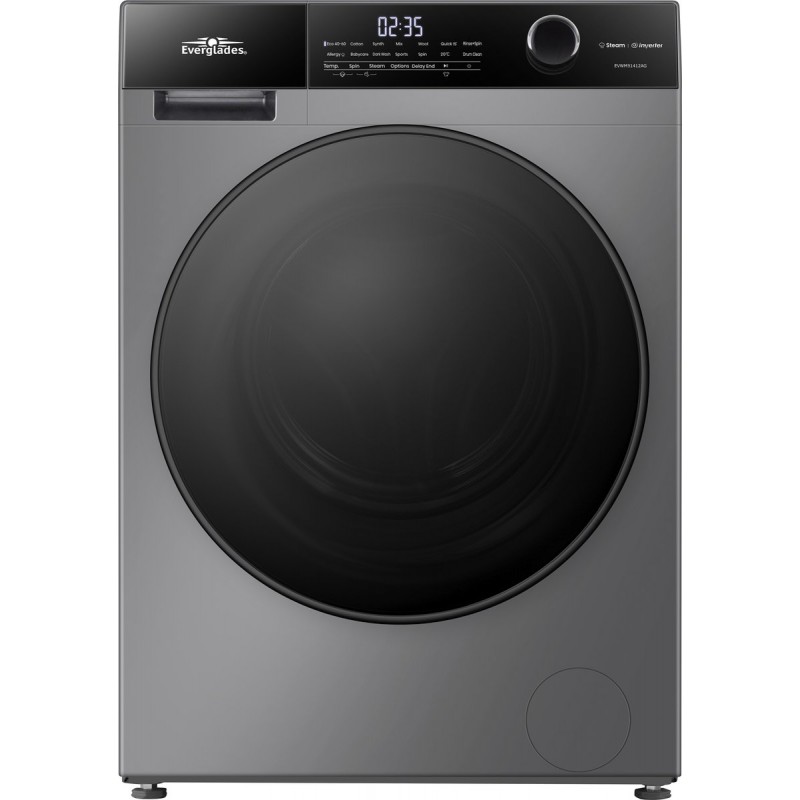 Everglades EVWM91412AG Zuinige Wasmachine - 9KG - A Klasse - Stoomfuncties/Allergie+ - Koolborstelloze Motor - Zeer Stil 72dB - Titanium Grijs