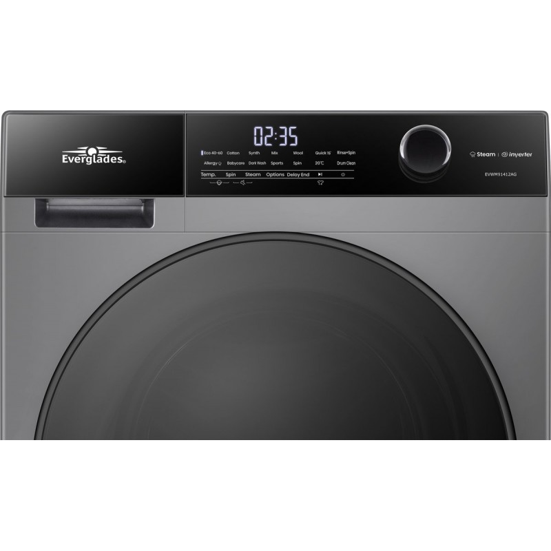 Everglades EVWM91412AG Zuinige Wasmachine - 9KG - A Klasse - Stoomfuncties/Allergie+ - Koolborstelloze Motor - Zeer Stil 72dB - Titanium Grijs