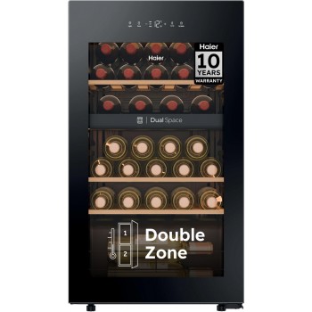 Haier HWS32GDG - Wijnkoelkast - 32 flessen - Energieklasse G - Vochtbalans technologie - Houten schappen - 2 zone - Anti-vibratie - Anti-UV glas - Glazen deur - Zwart