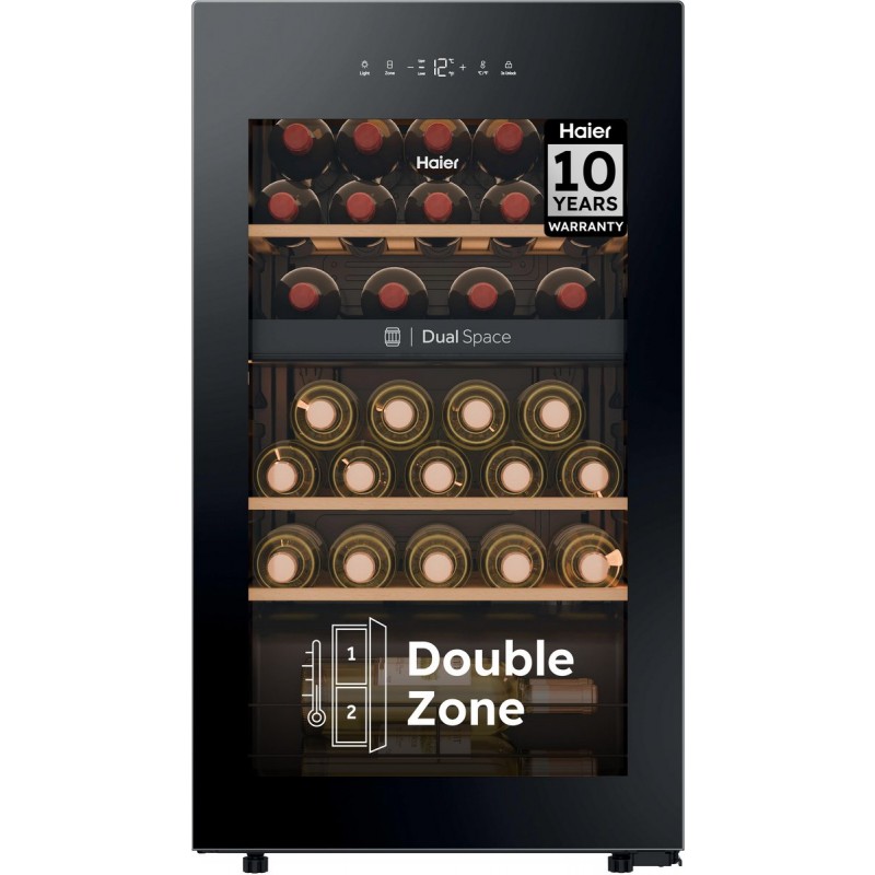 Haier HWS32GDG - Wijnkoelkast - 32 flessen - Energieklasse G - Vochtbalans technologie - Houten schappen - 2 zone - Anti-vibratie - Anti-UV glas - Glazen deur - Zwart
