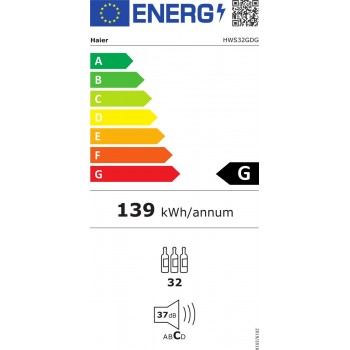 Haier HWS32GDG - Wijnkoelkast - 32 flessen - Energieklasse G - Vochtbalans technologie - Houten schappen - 2 zone - Anti-vibratie - Anti-UV glas - Glazen deur - Zwart