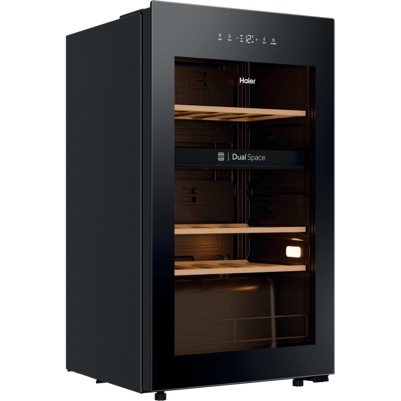 Haier HWS32GDG - Wijnkoelkast - 32 flessen - Energieklasse G - Vochtbalans technologie - Houten schappen - 2 zone - Anti-vibratie - Anti-UV glas - Glazen deur - Zwart
