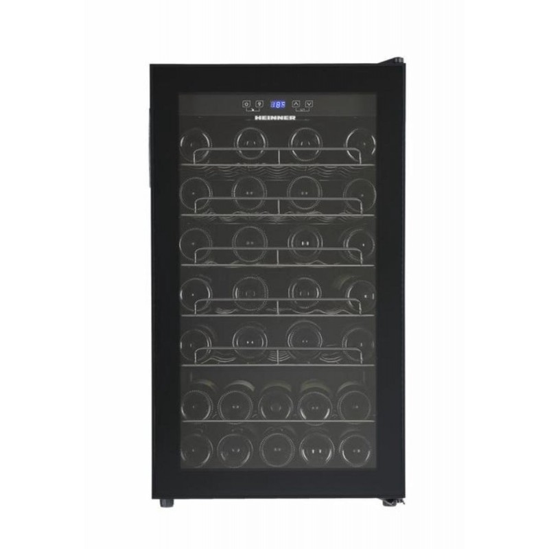 Heinner HRV-A118DRM40 Wijnkoelkast – 118 L – Geschikt voor 40 Flessen – LED-display – 5+1 Verchroomde Metalen Leggers – Omkeerbare Deur – Zwart