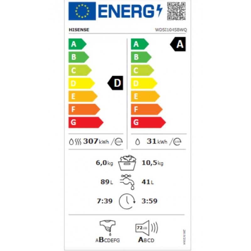 Hisense WD5I1045BWQ – Was-droogcombinatie – 10.5 Kg Wassen – 6 Kg Drogen – 1400 Tpm – Inverter – Autodose – Steam – Wifi