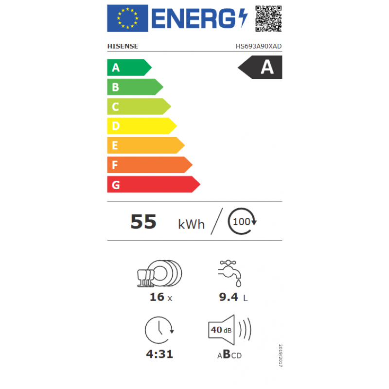Hisense HS693A90XAD - Vrijstaande Vaatwasser - 60 cm breed - 16 Couverts - Besteklade - 40 dB - Energieklasse A