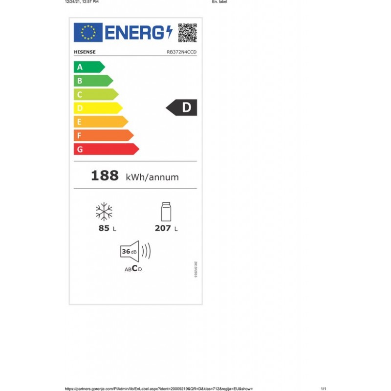 Hisense RB372N4CCD - Vrijstaande koel-vriescombinatie - 178 cm hoog - 292 liter - Energielabel D - Geluidsniveau 36 dB - LED Display - SuperCool - FastFreeze - Deuralarm - Interverter Compressor