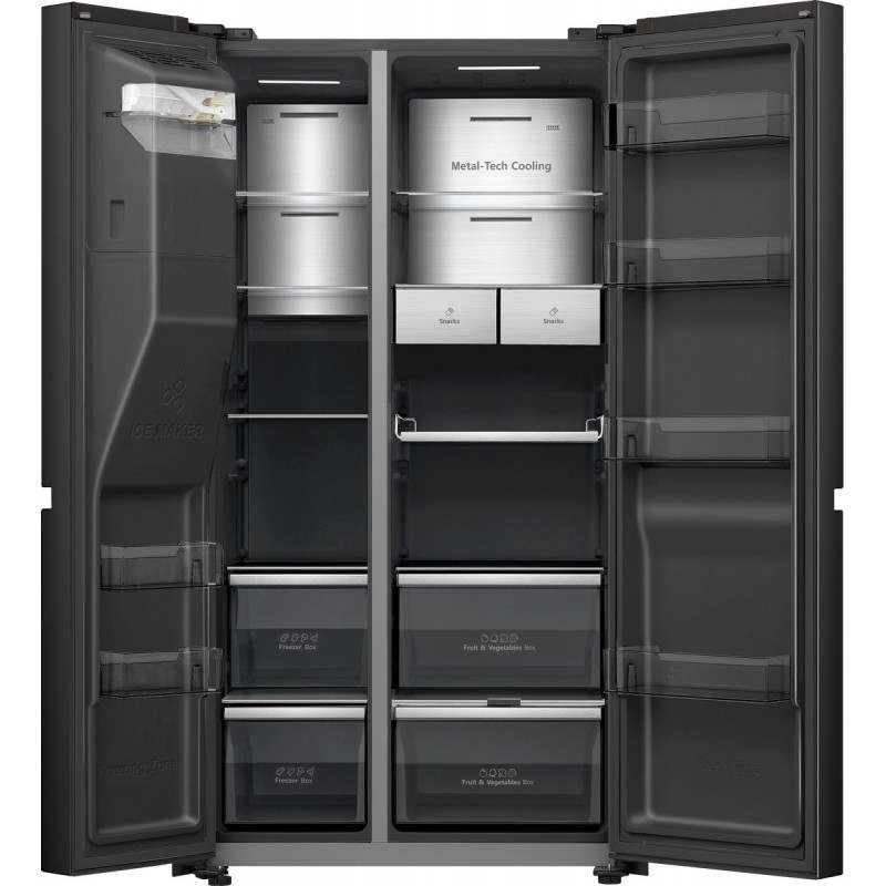 Hisense RS9P628GPFE - Amerikaanse koelkast - Energielabel E - Vaste Wateraansluiting - Water- & ijsdispenser - Metal Tech Cooling - No Frost - Zwart - Multi-Air Flow - Super Cool - Fast Freeze - 38dB (A) - Inverter Compressor - 614 Liter