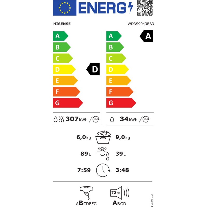 Hisense WD3S9043BB3 - Was-droogcombinatie - Energieklasse A (-30%) - 9 kg wassen / 6 kg drogen - 1400 toeren - Connectlife WiFi - Stoomfunctie - LED display - Inverter motor - Zwart