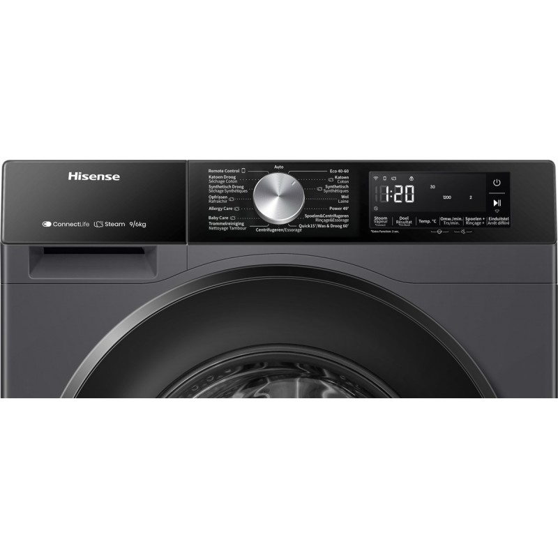 Hisense WD3S9043BB3 - Was-droogcombinatie - Energieklasse A (-30%) - 9 kg wassen / 6 kg drogen - 1400 toeren - Connectlife WiFi - Stoomfunctie - LED display - Inverter motor - Zwart
