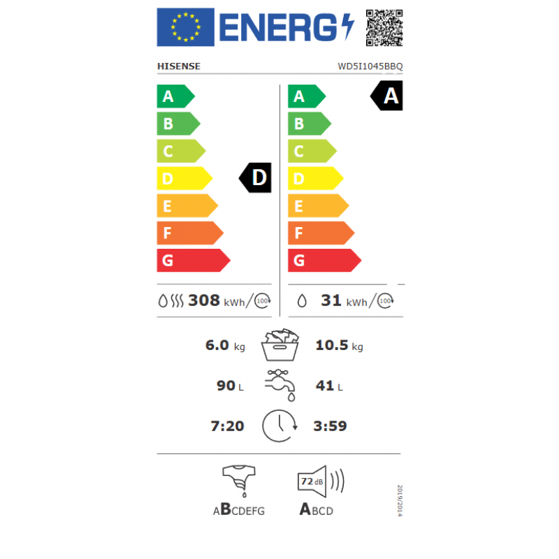 Hisense WD5I1045BBQ - Was-droogcombinatie - 10.5 kg wassen - 6 kg drogen - 1400 tpm - Energieklasse D