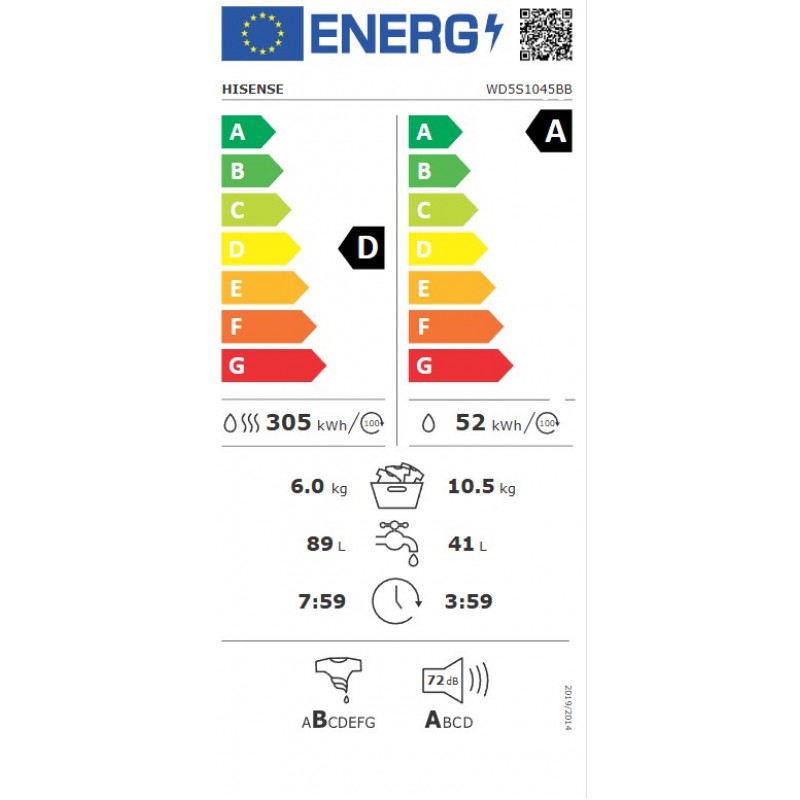 Hisense WD5S1045BB - Was-droogcombinatie - 10.5 kg - 1400 tpm - Energieklasse D - Zwart