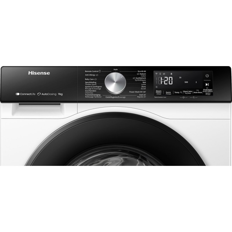 Hisense 3S Serie WF3S9045BW3/BLX - Wasmachine met Energielabel A -30% - 9kg - Autodose - 72dB (A) - Steam Wash - 1400 toeren - Power Wash 49' - ConnectLife - Inhoud Trommel 60 Liter