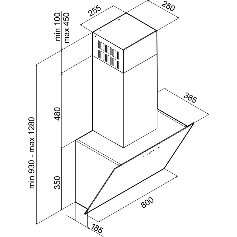 Inventum AKD8005ZWA schuine wandschouw afzuigkap 80 cm - Afzuigcapaciteit 660 m3/h - Geschikt voor open keuken - 4 standen - Timer - Display met tiptoetsen - Ledspots - Luchtafvoer en recirculatie - Zwart