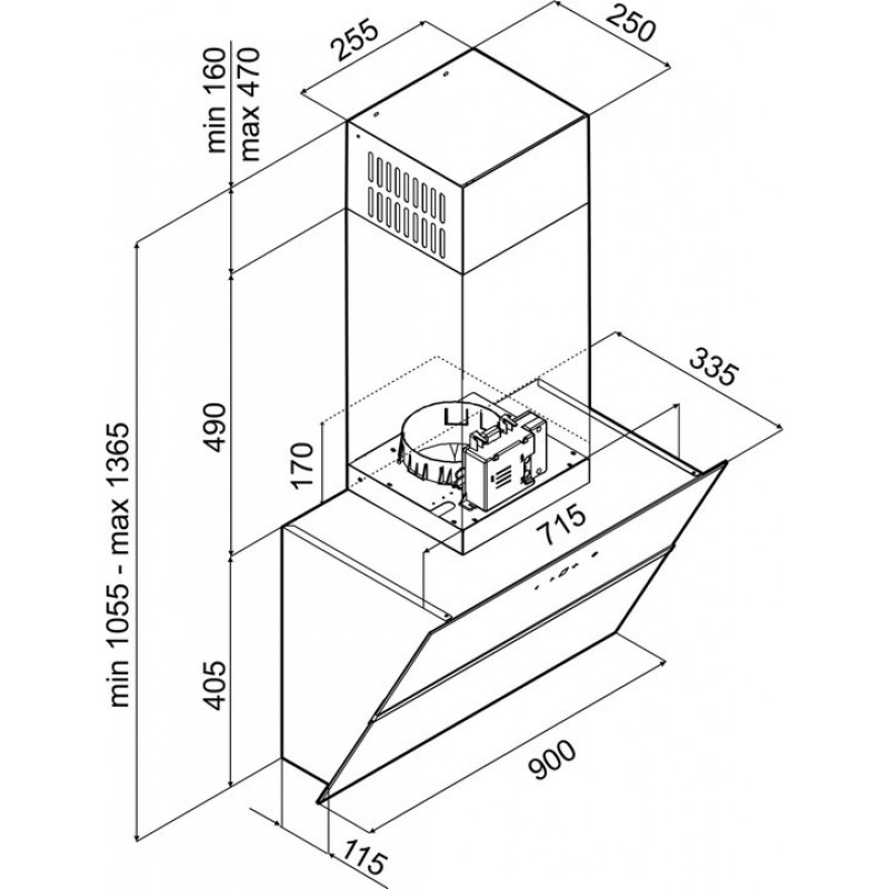Inventum AKD9015GTZ schuine wandschouw afzuigkap 90 cm - Afzuigcapaciteit 660 m3/h - Geschikt voor open keuken - 4 standen - Timer - Display met tiptoetsen - Automatisch uitschakelen - Ledspots - Energielabel A++ - Luchtafvoer en recirculatie - Zwart
