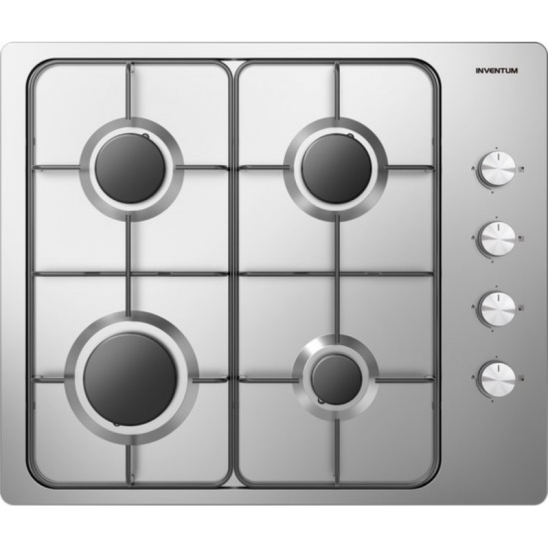 Inventum IKG6011RVS inbouw gaskookplaat 59 cm - 4-pits - Geïntegreerde vonkontsteking - Geschikt voor Nederlands gas - Na ombouw ook geschikt voor Belgisch gas en propaan/butaan - RVS/Zwart