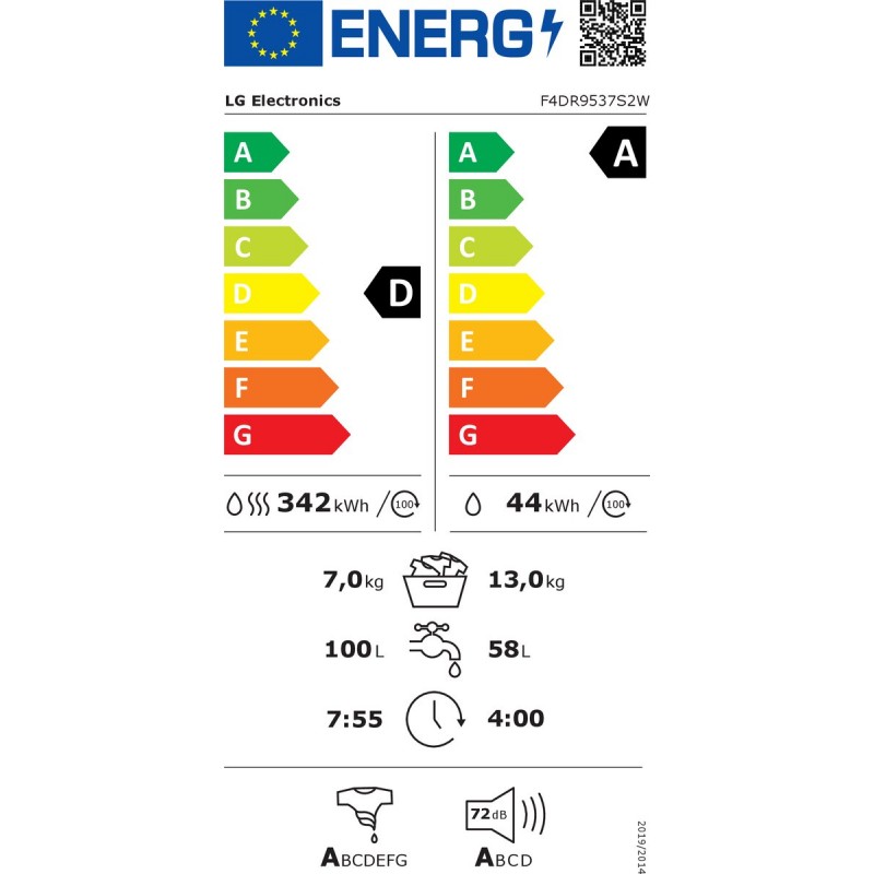 LG F4DR9537S2W was‑droogcombinatie 13 kg met AI DD voor slimme stofverzorging - TurboWash 39 voor sneller wassen - EzDispense automatische dosering - hygiënisch wassen met stoom en ThinQ slimme bediening. Energieklasse A‑20%