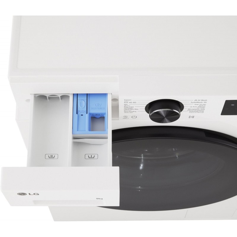 LG F4X5009TWB wasmachine 9 kg met AI DD voor betere stofverzorging, TurboWash360˚ voor snel en grondig wassen in ca. 39 min, Steam verwijdert allergenen en bacteriën, ThinQ slimme bediening en stille, duurzame Inverter Direct Drive. Energieklasse A