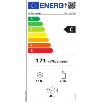 LG GBV3100CSW, 344 l, Vrijstaand, C, 35 dB, T, No Frost (koelkast)