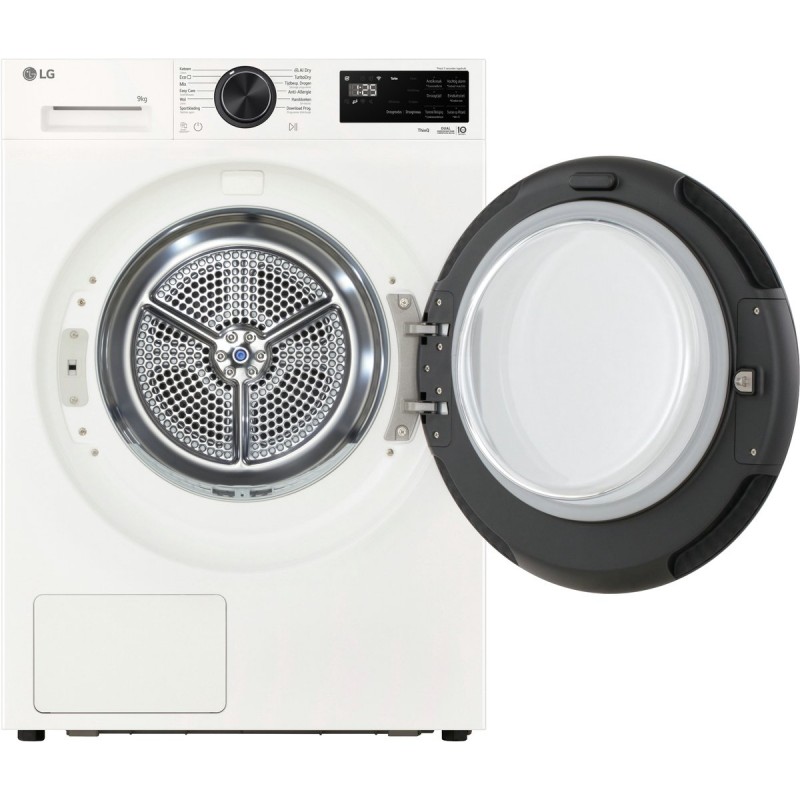 LG RHX5009TWB warmtepompdroger 9 kg met Dual Inverter Heat Pump voor gelijkmatig en energiezuinig drogen, Sensor Dry stopt automatisch bij droog, zelfreinigende condensor voor duurzaam rendement en ThinQ slimme bediening. Energieklasse B