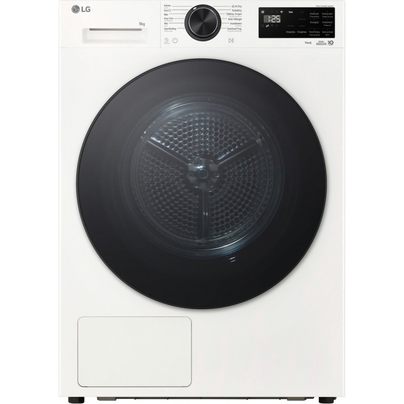 LG RHX5009TWB warmtepompdroger 9 kg met Dual Inverter Heat Pump voor gelijkmatig en energiezuinig drogen, Sensor Dry stopt automatisch bij droog, zelfreinigende condensor voor duurzaam rendement en ThinQ slimme bediening. Energieklasse B