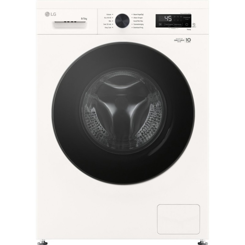 LG W4X1085NWB was‑droogcombinatie 8/5 kg met 6 Motion DD voor optimale stofverzorging, TurboWash 360 voor sneller wassen, Steam voor anti‑allergie en ThinQ slimme bediening. Energieklasse A